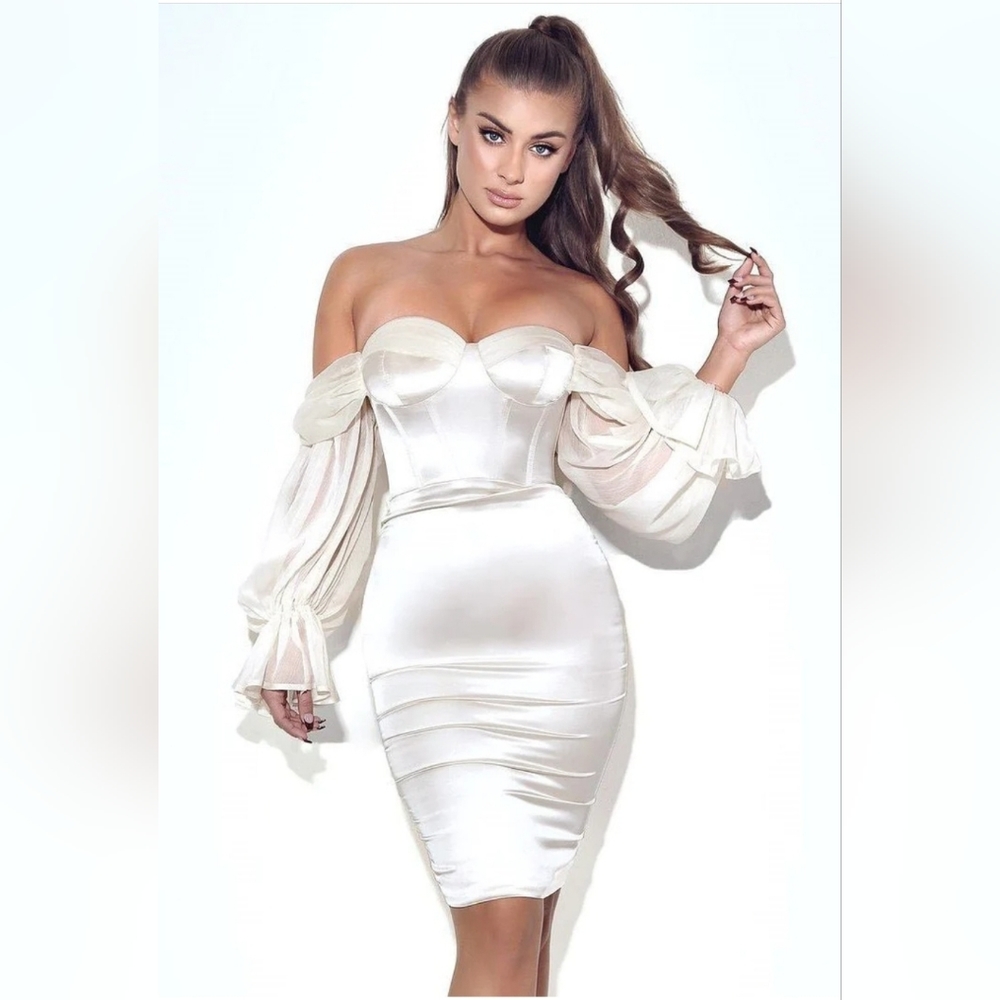 Lydia Pearl White Satin Sz XS Off Shoulder Puff Sleeve Dress